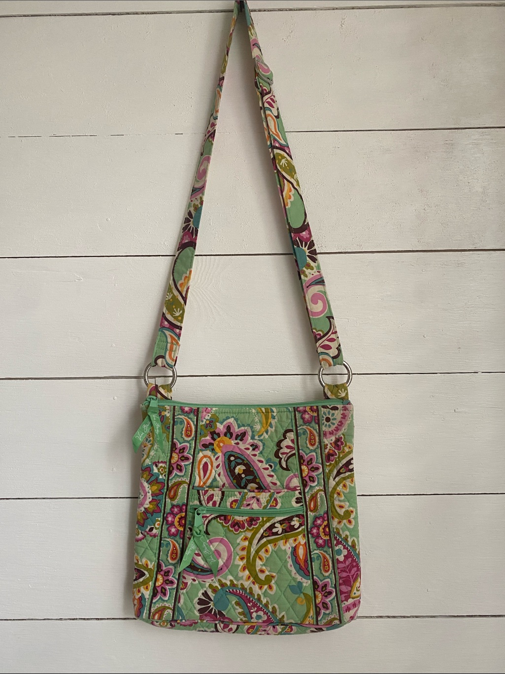 Vera Bradley Quilted Paisley Crossbody In Mint Green With Pink & Yellow Accents